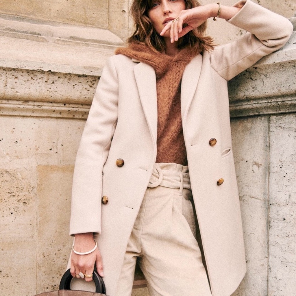 Sezane Johnson Cream Double-Breasted Wool Coat, Size 34, Like New